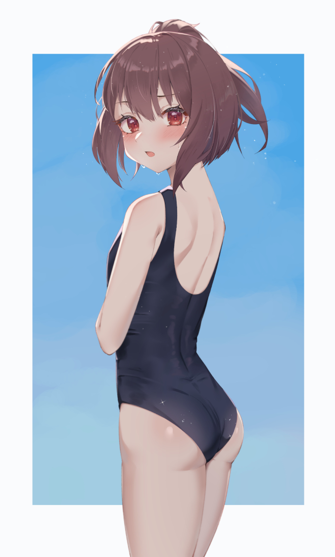 1girl, ass, backless_swimsuit, black_one-piece_swimsuit, blue_background, brown_hair, commentary_request, from_behind, harurunoe, kono_subarashii_sekai_ni_shukufuku_wo!, loli, looking_at_viewer, megumin, one-piece_swimsuit, ponytail, red_eyes, school_swimsuit, short_hair, solo, swimsuit