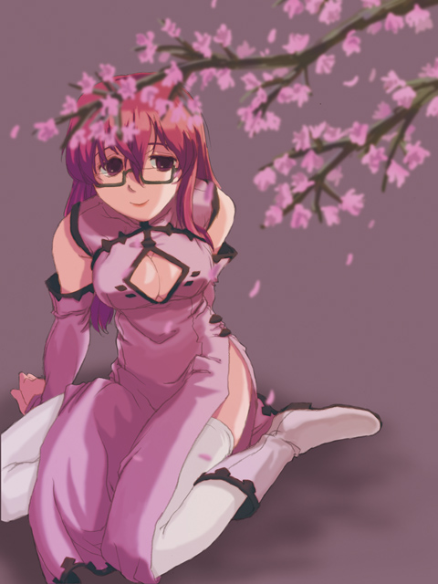 1girl, akame_ga_kill!, amane_kk, boots, breasts, cherry_blossoms, china_dress, chinese_clothes