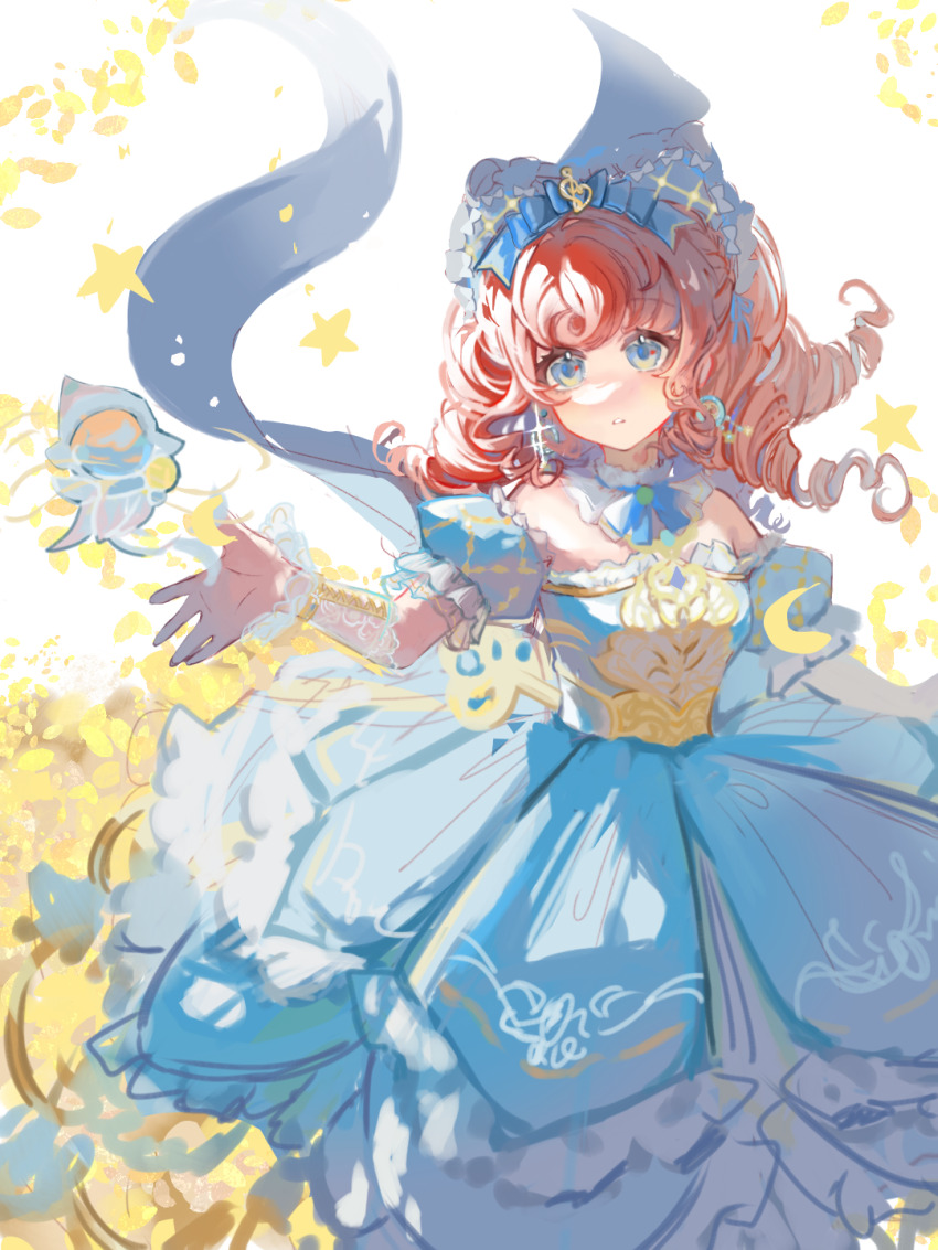 1girl, argyle_bonnet, argyle_clothes, argyle_sleeves, arm_warmers, bare_shoulders, blue_bonnet, blue_bow