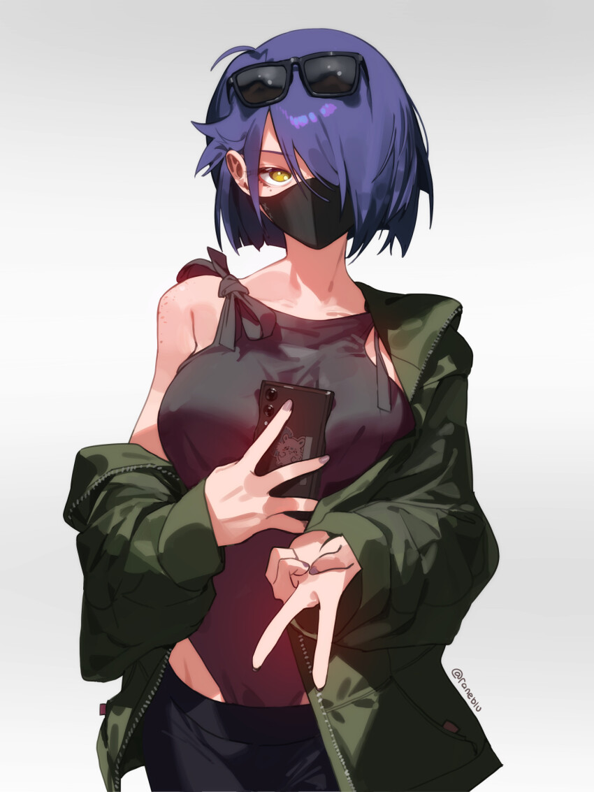 1girl, blue_hair, breasts, cellphone, coat, eyewear_on_head, gradient_background, green_coat