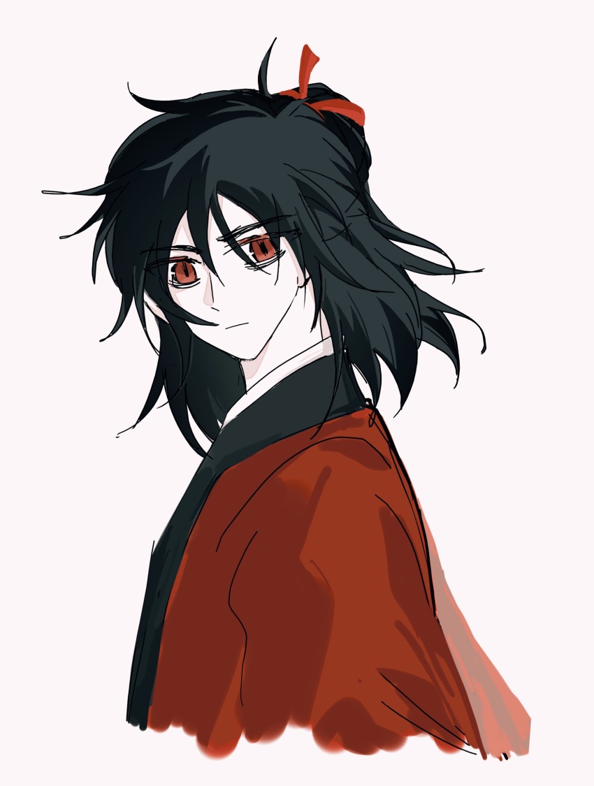 1boy, bags_under_eyes, black_hair, black_hanfu, chinese_clothes, chinese_commentary, closed_mouth, coat