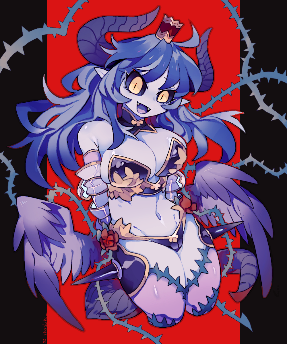 1girl, :d, akadako, arm_armor, astaroth_(shinrabanshou), bare_shoulders, black_sclera, breasts