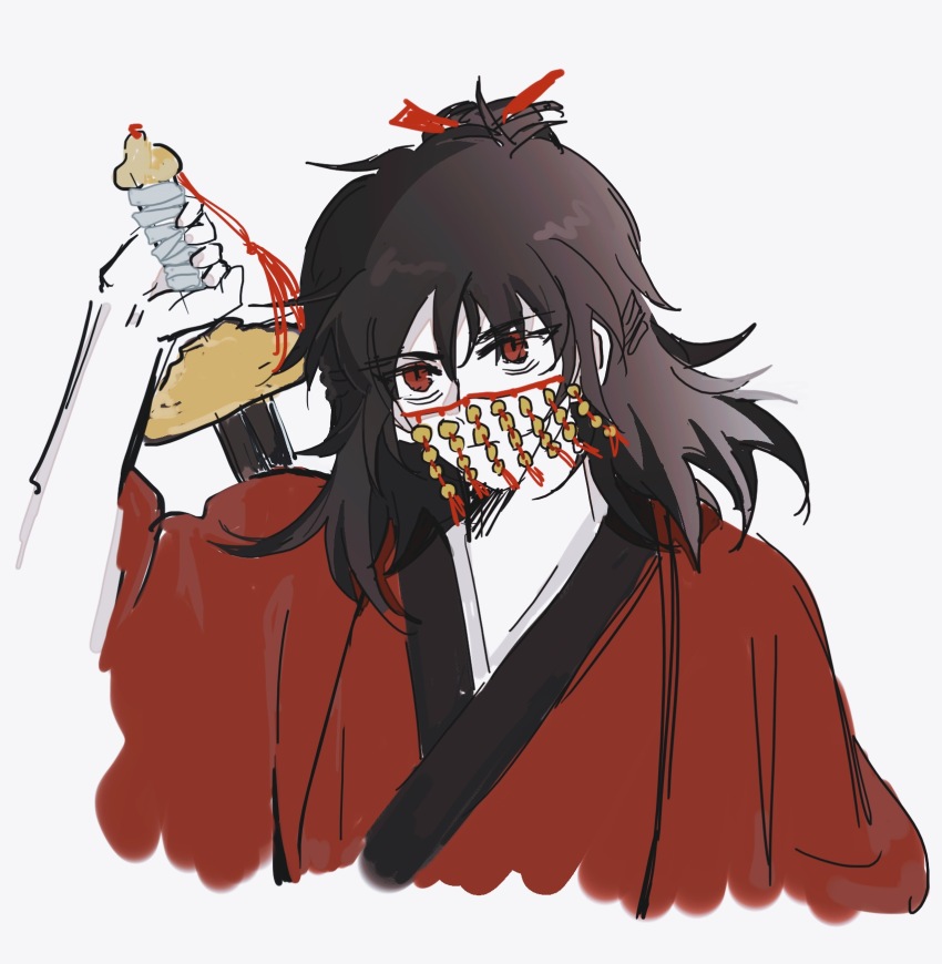1boy, bags_under_eyes, bandaged_weapon, black_hair, chinese_clothes, chinese_commentary, coat, coin, coin_mask, covered_mouth, dao_gui_yi_xian, hair_bun, hair_ribbon, hand_up, hanfu, highres, holding, holding_sword, holding_weapon, holed_coin, jian_(weapon), lengcpgongyeyuanqu, li_huowang, long_hair, looking_at_viewer, male_focus, mask, mouth_veil, partially_colored, red_coat, red_eyes, red_hanfu, red_ribbon, ribbon, simple_background, single_hair_bun, sketch, solo, sword, sword_on_back, sword_tassel, tassel, upper_body, veil, weapon, weapon_on_back, weapon_tassel, white_background, wuxia