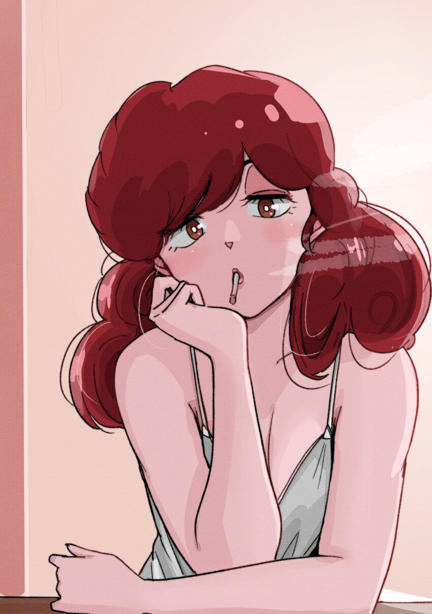 1girl, arms_on_table, bare_shoulders, blush, brown_eyes, cigarette, highres, maison_ikkoku