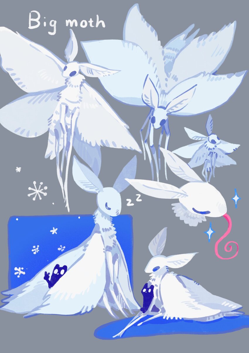 antennae, big_moth_(rain_world), black_fur, blue_background, bug, butterfly, creature, english_text, giant_insect, grey_background, highres, insect, insect_wings, long_tongue, monster, moth, moth_antennae, moth_wings, multiple_views, no_humans, rain_world, sanngo_35, sitting, sleeping, slugcat, snow, sparkle, species_name, tongue, tongue_out, v, watcher_(rain_world), white_eyes, white_fur, wings, zzz