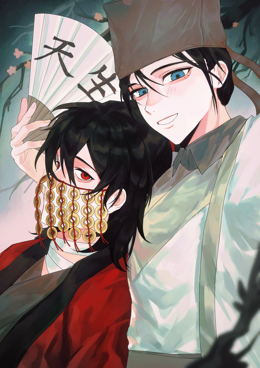 2boys, absurdres, bandaged_neck, bandages, benkebuhui, black_hair, black_hanfu, blue_eyes