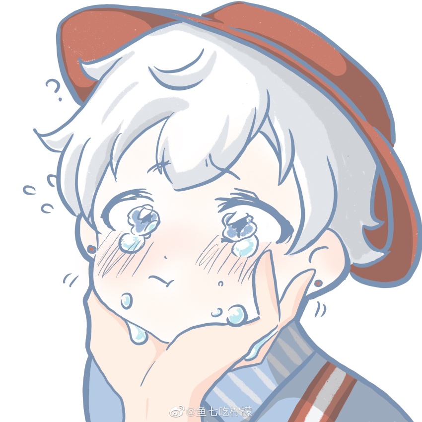 1boy, :t, ?, black_hat, blue_eyes, blue_shirt, blush, bowler_hat