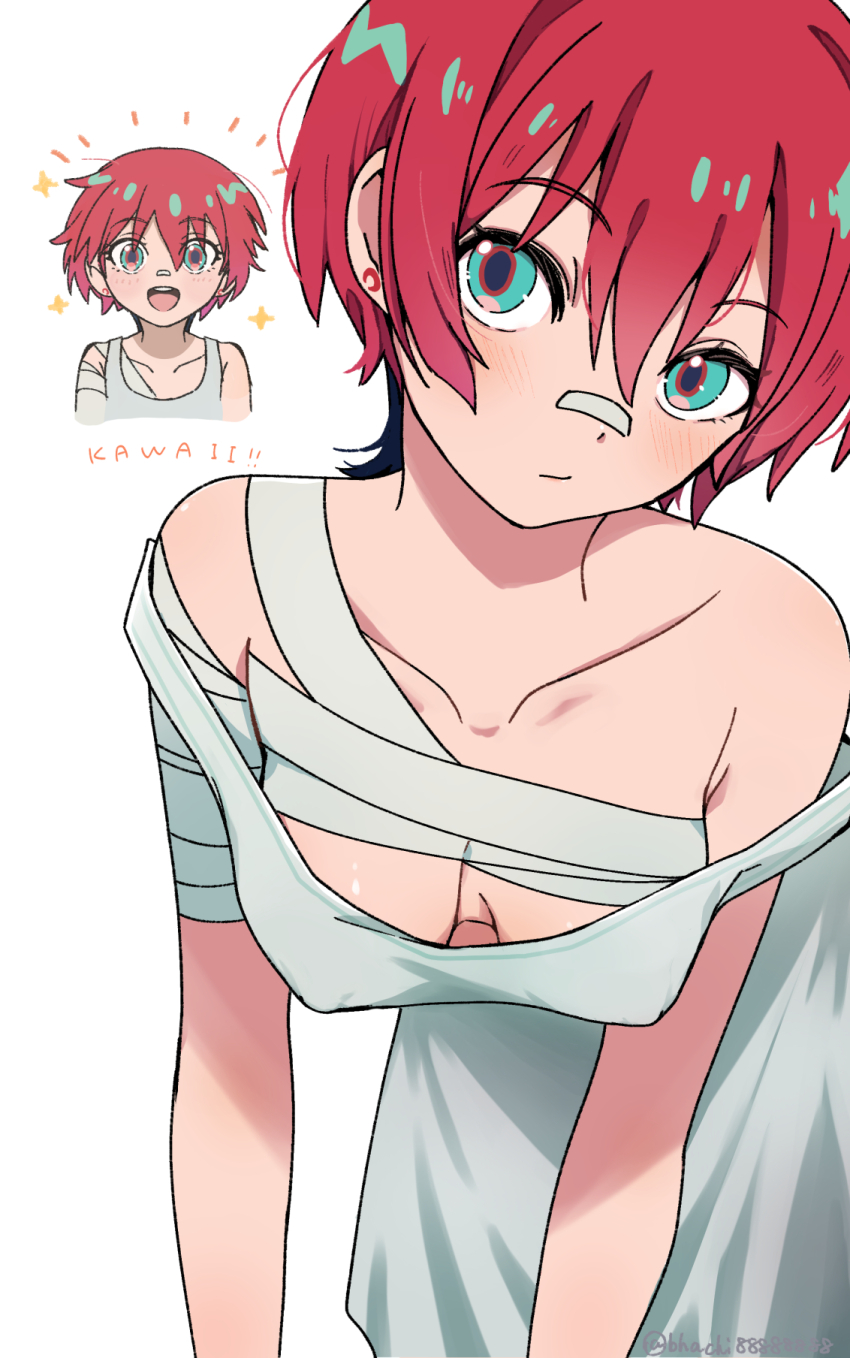 1girl, :/, amate_yuzuriha, aqua_eyes, bandaged_arm, bandaged_chest, bandages, bandaid, bandaid_on_face, bandaid_on_nose, bent_over, bhachi88888888, blush, breasts, closed_mouth, collarbone, commentary, covered_erect_nipples, crescent, crescent_earrings, cropped_torso, double_strap_slip, earrings, gundam, gundam_gquuuuuux, hair_between_eyes, highres, hospital_gown, jewelry, large_breasts, looking_at_viewer, multiple_views, notice_lines, open_mouth, red_hair, romaji_text, short_hair, simple_background, smile, strap_slip, twitter_username, white_background