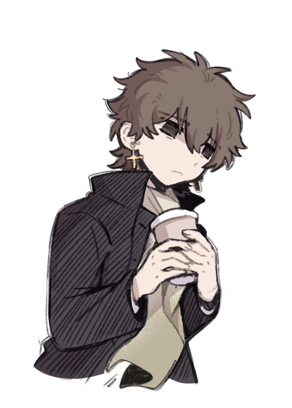 1boy, cross, cross_earrings, cup, disposable_coffee_cup, disposable_cup, earrings, fate/zero