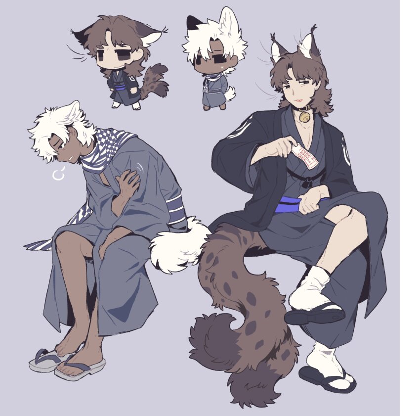 2boys, bell, black_collar, black_eyes, brown_hair, chibi, collar, dark-skinned_male