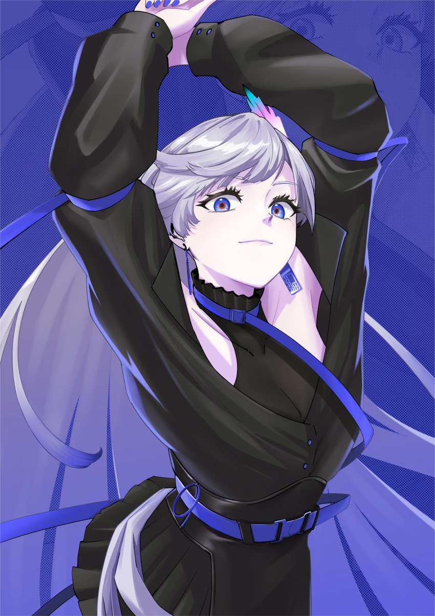 1girl, absurdres, arms_up, belt, belt_collar, black_dress, black_shirt, blue_background