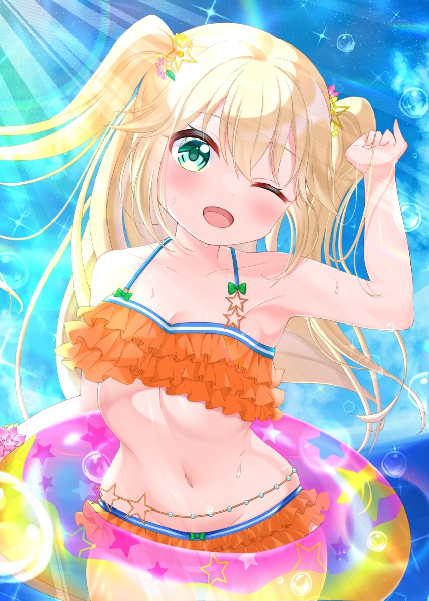 1girl, ;d, bikini, blonde_hair, blush, collarbone, commentary_request, frills