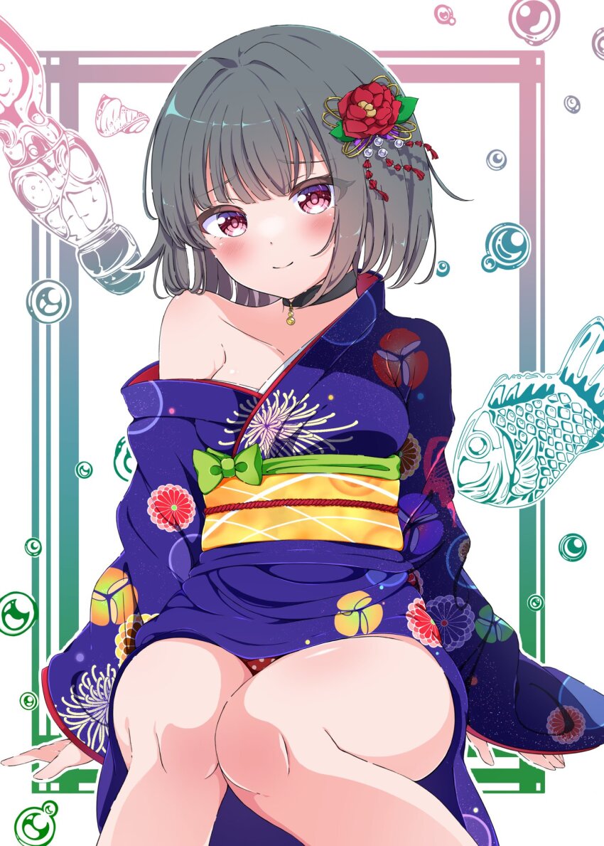 1girl, aihara_tsubaki, bare_shoulders, black_hair, blush, breasts, choker, closed_mouth