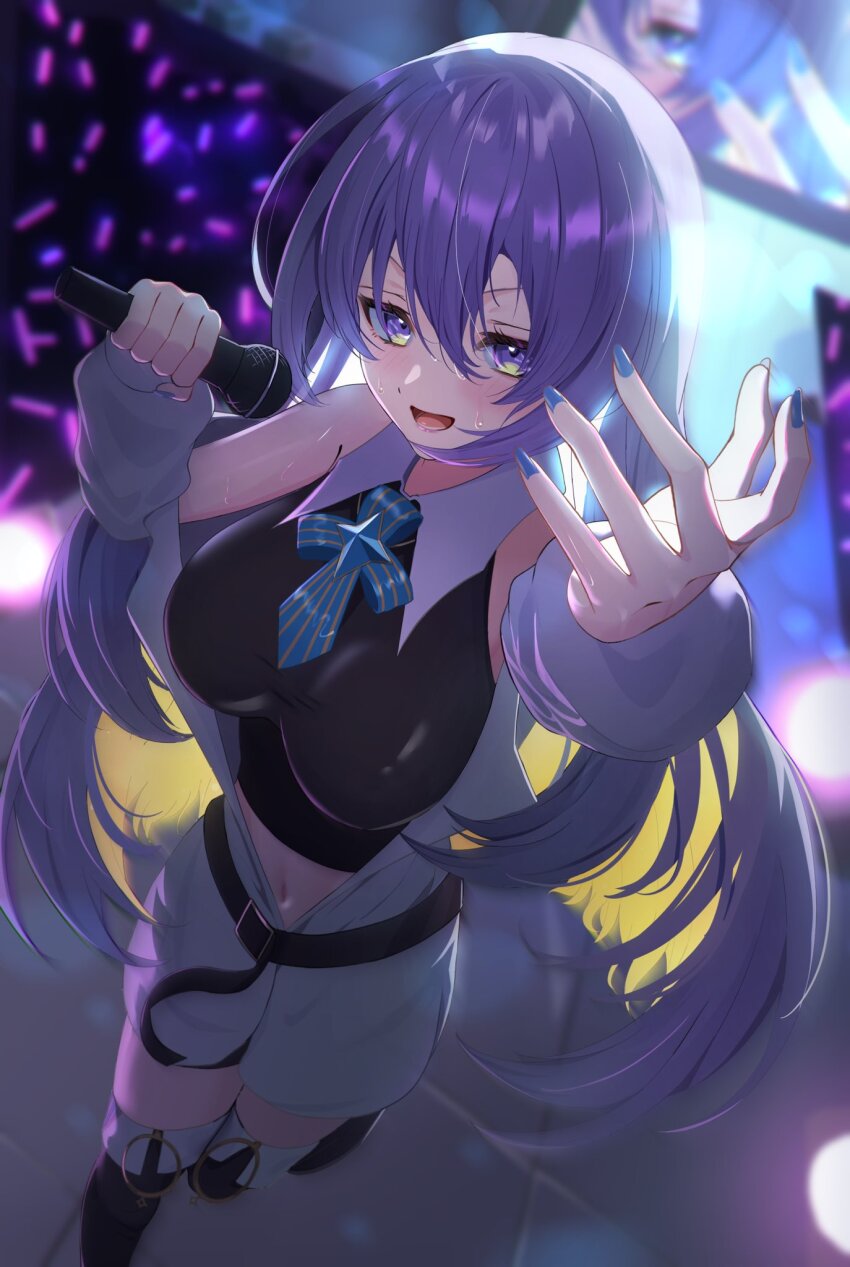 1girl, blonde_hair, blush, breasts, colored_inner_hair, crop_top, gradient_hair, hair_between_eyes, highres, hololive, hololive_indonesia, jacket, jewelry, large_breasts, long_hair, looking_at_viewer, microphone, moona_hoshinova, moona_hoshinova_(1st_costume), multicolored_hair, navel, nmhdtnr1, open_mouth, purple_eyes, purple_hair, shirt, solo, stage, starry_hair, sweat, two-tone_hair, virtual_youtuber, white_jacket