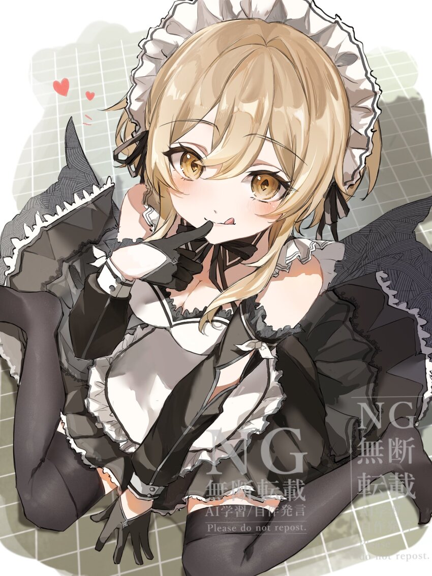 1girl, :q, alternate_costume, black_dress, black_gloves, black_sleeves, black_thighhighs, blonde_hair