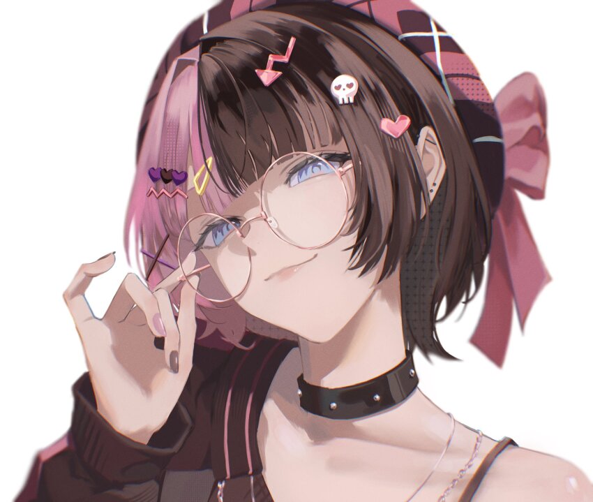 1girl, adjusting_eyewear, arrow_hair_ornament, arrow_symbol_hair_ornament, black_choker, blue_eyes, blunt_bangs, brown_hair, brown_jacket, brown_nails, brown_shirt, choker, daidai_neroli, hair_intakes, hair_ornament, hairclip, hat, hat_ribbon, heart, heart_hair_ornament, highres, jacket, light_smile, looking_at_viewer, multicolored_hair, pink-framed_eyewear, pink_hair, pink_nails, plaid_hat, portrait, ribbon, round_eyewear, shirt, short_hair, sidelocks, simple_background, skull_hair_ornament, solo, split-color_hair, studded_choker, tachibana_hinano, tachibana_hinano_(3rd_costume), virtual_youtuber, vspo!, white_background