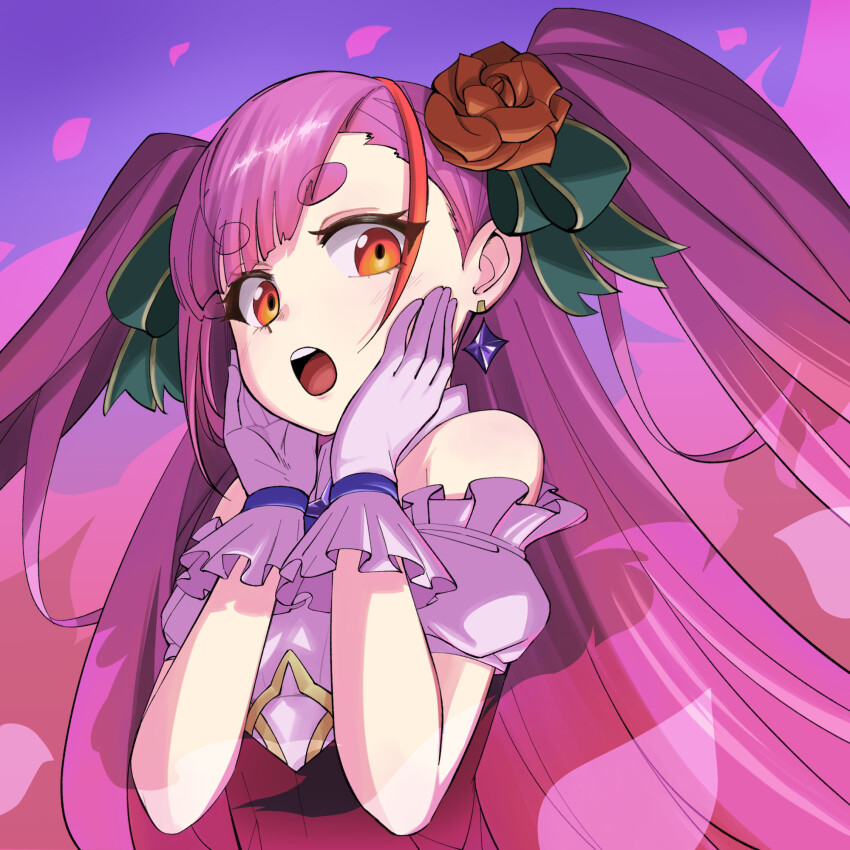 1girl, :o, asymmetrical_bangs, bare_shoulders, commentary, diamond_earrings, dress, earrings