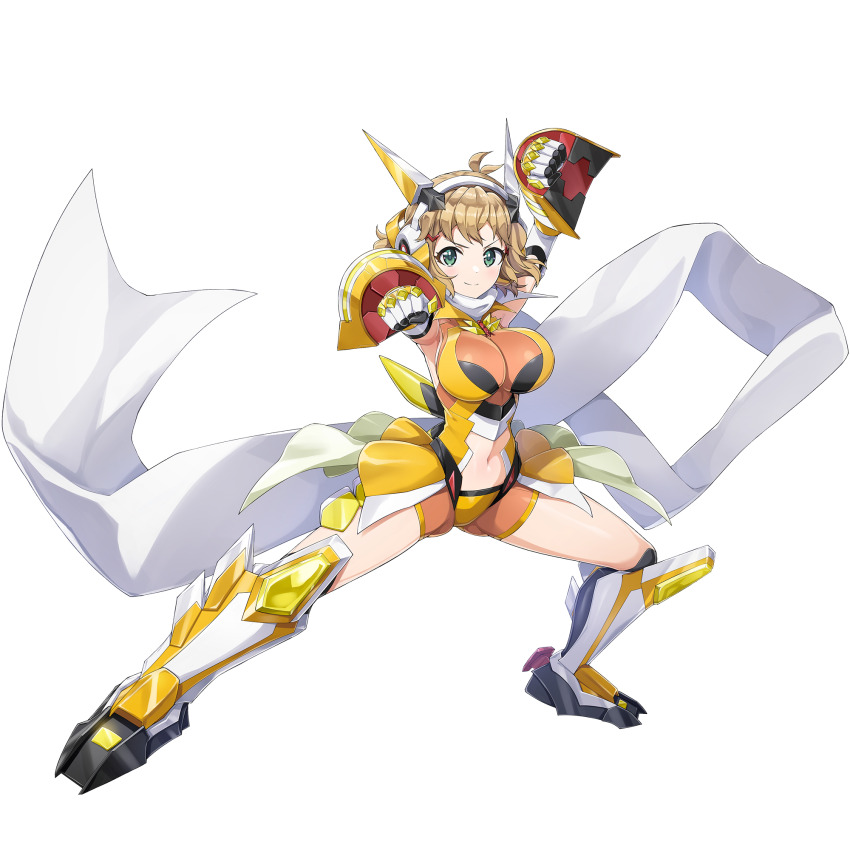 1girl, armored_boots, armored_gloves, blush, bodysuit, boots, breasts, brown_hair