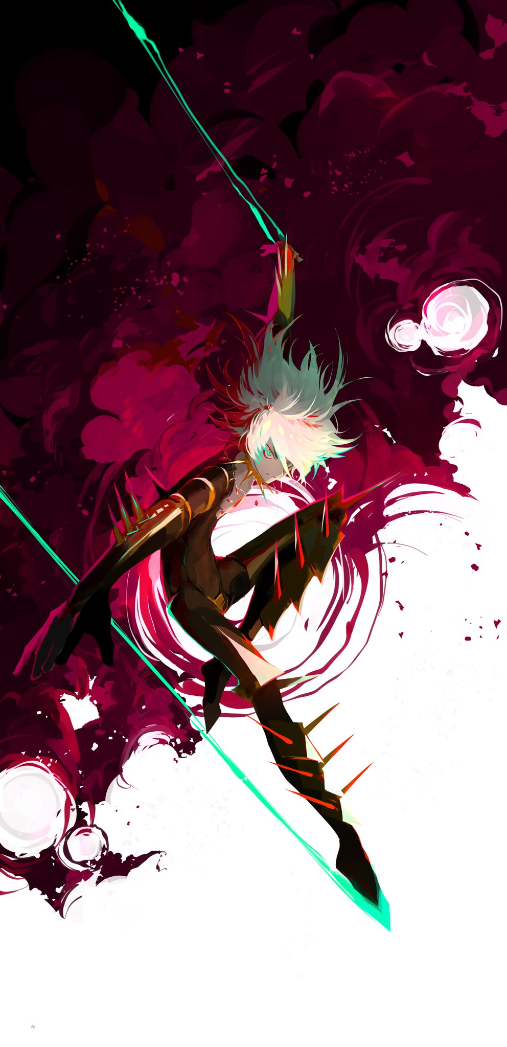 1boy, armor, blue_eyes, cape, chest_jewel, collar, eyeshadow, eyeshadow_under_eye