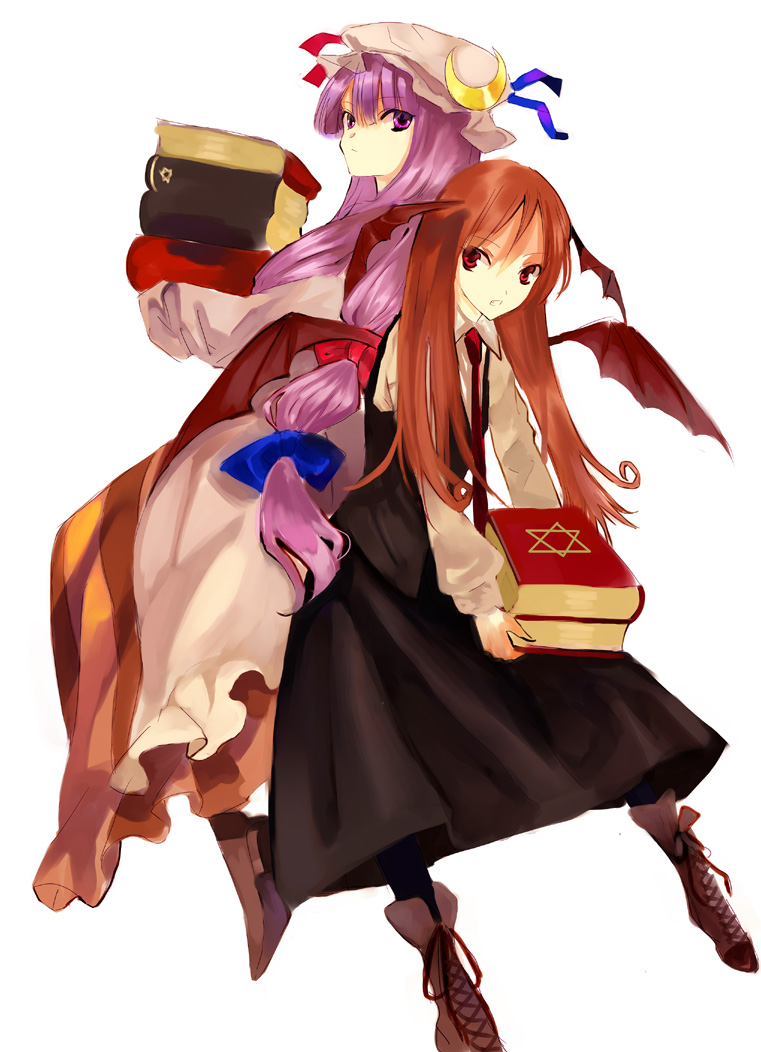 2girls, bad_id, bad_pixiv_id, bat_wings, boots, crescent, crescent_moon, embodiment_of_scarlet_devil