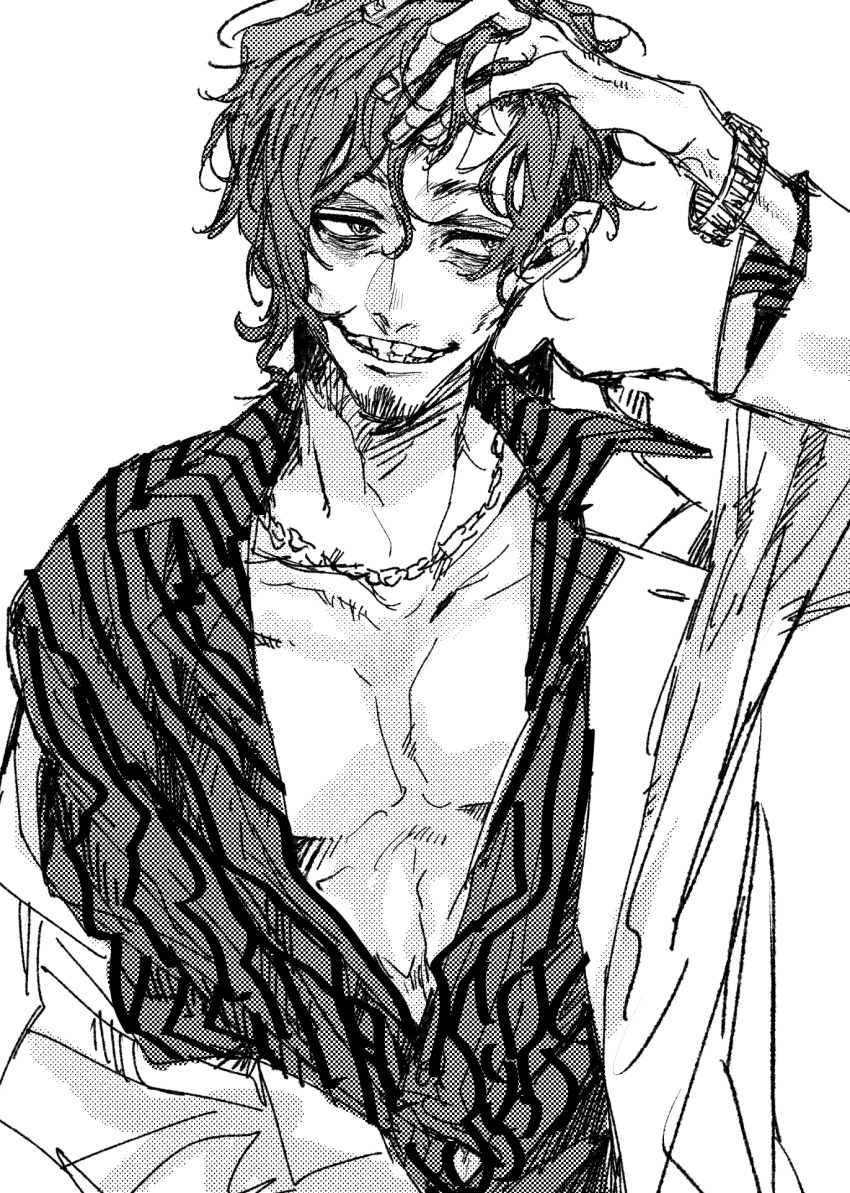 1boy, bags_under_eyes, beard_stubble, blue_lock, bracelet, chain, chain_necklace, don_lorenzo