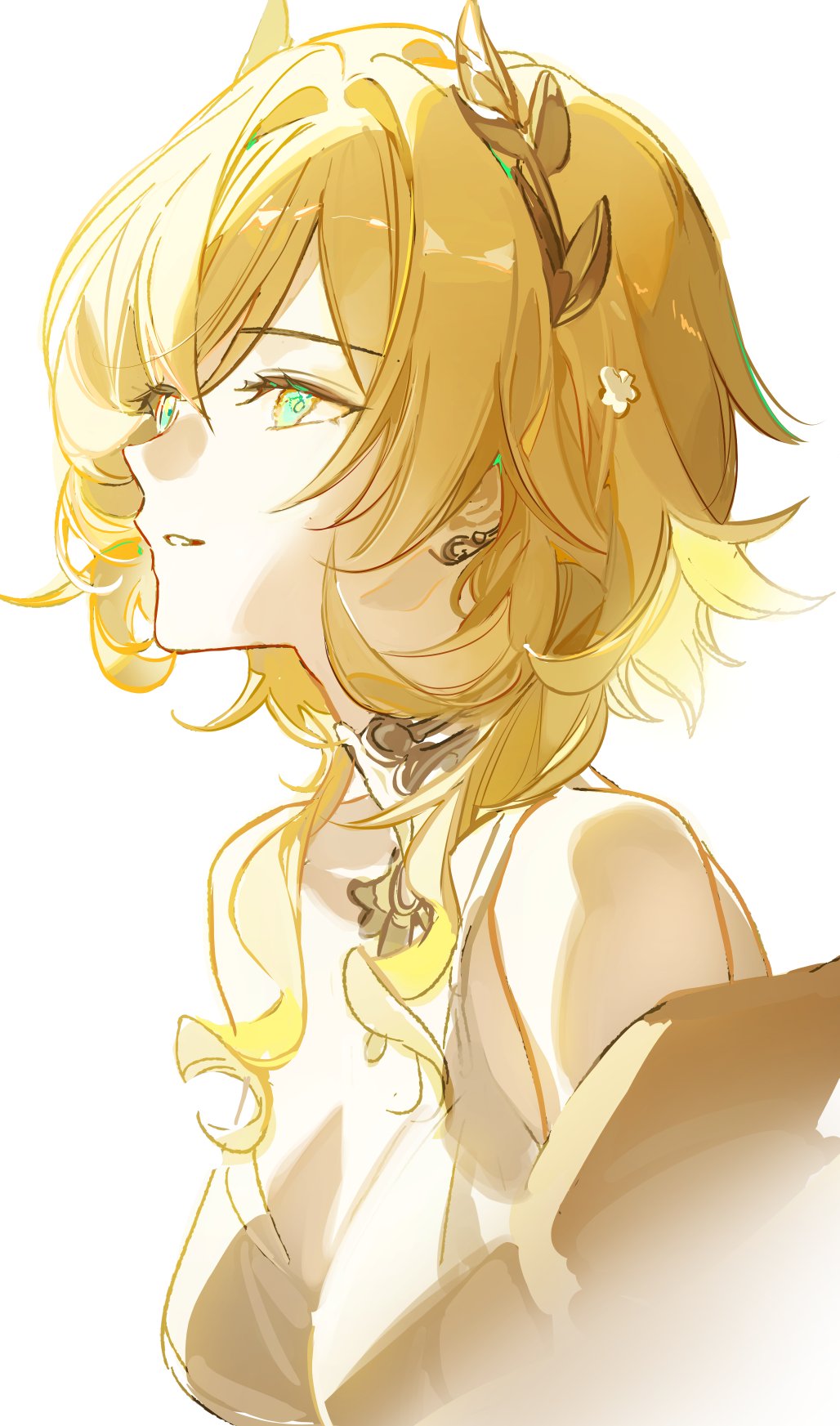 1girl, aglaea_(honkai:_star_rail), bare_shoulders, blonde_hair, commentary, green_eyes, hair_ornament, highres