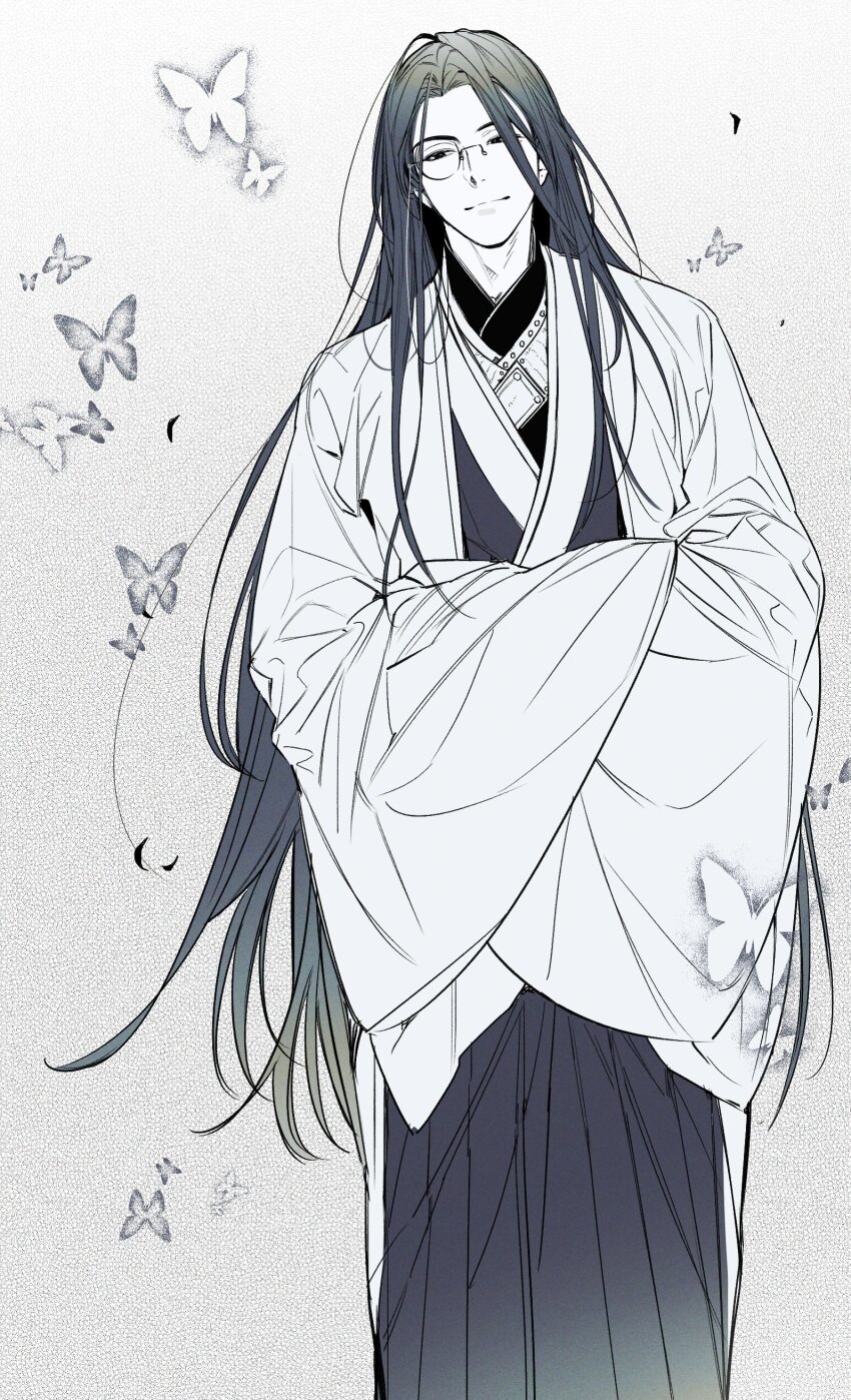 1boy, absurdres, bug, butterfly, chinese_clothes, closed_mouth, cowboy_shot, crossed_arms