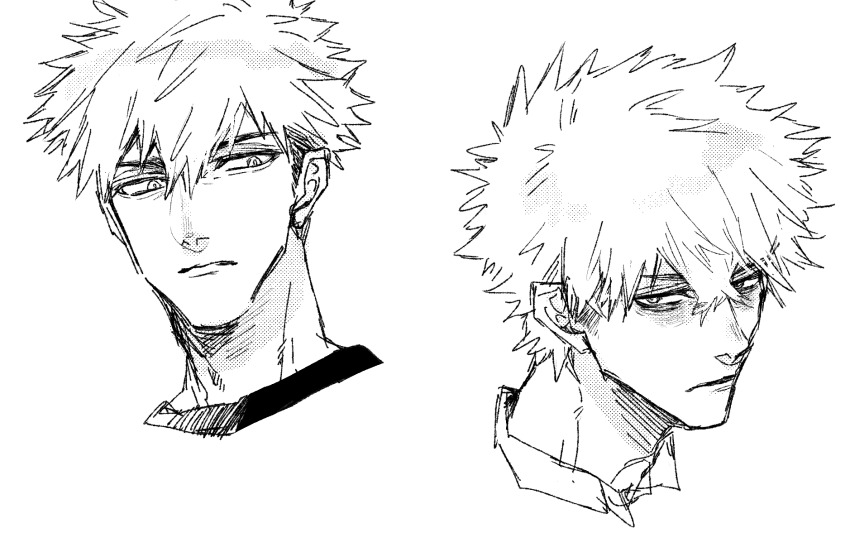 1boy, bags_under_eyes, blue_lock, depressed, greyscale, highres, konbe22, kunigami_rensuke, looking_to_the_side, male_focus, monochrome, shirt, short_hair, sketch, solo, spiked_hair, white_background