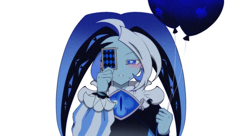 1boy, balloon, blue_hat, blue_skin, brooch, card, colored_skin, cookie_run, cookie_run:_kingdom, envy_baby_(vocaloid), hat, holding, holding_balloon, holding_card, humanization, jester_cap, jewelry, long_hair, long_sleeves, looking_at_viewer, male_focus, neck_ruff, nikasandayooo, parody, puffy_long_sleeves, puffy_sleeves, shadow_milk_cookie, smile, solo, variant_set, white_hair