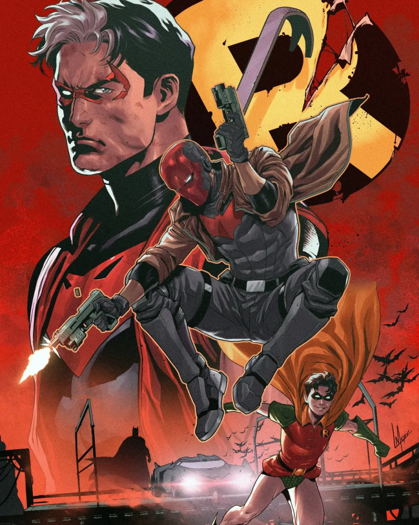 batman, batman_(series), batman_symbol, batmobile, black_bodysuit, black_gloves, black_hair, blue_eyes