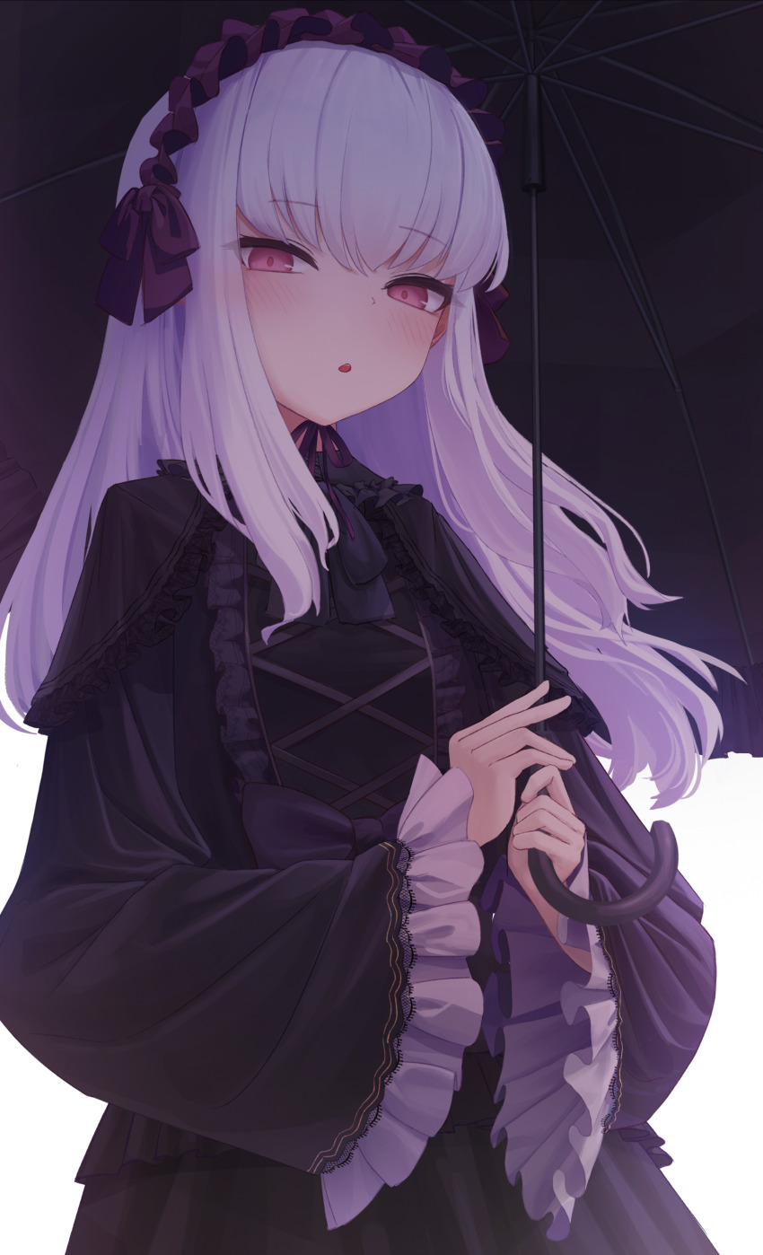 1girl, :o, absurdres, alternate_costume, black_dress, black_umbrella, blush, commentary_request