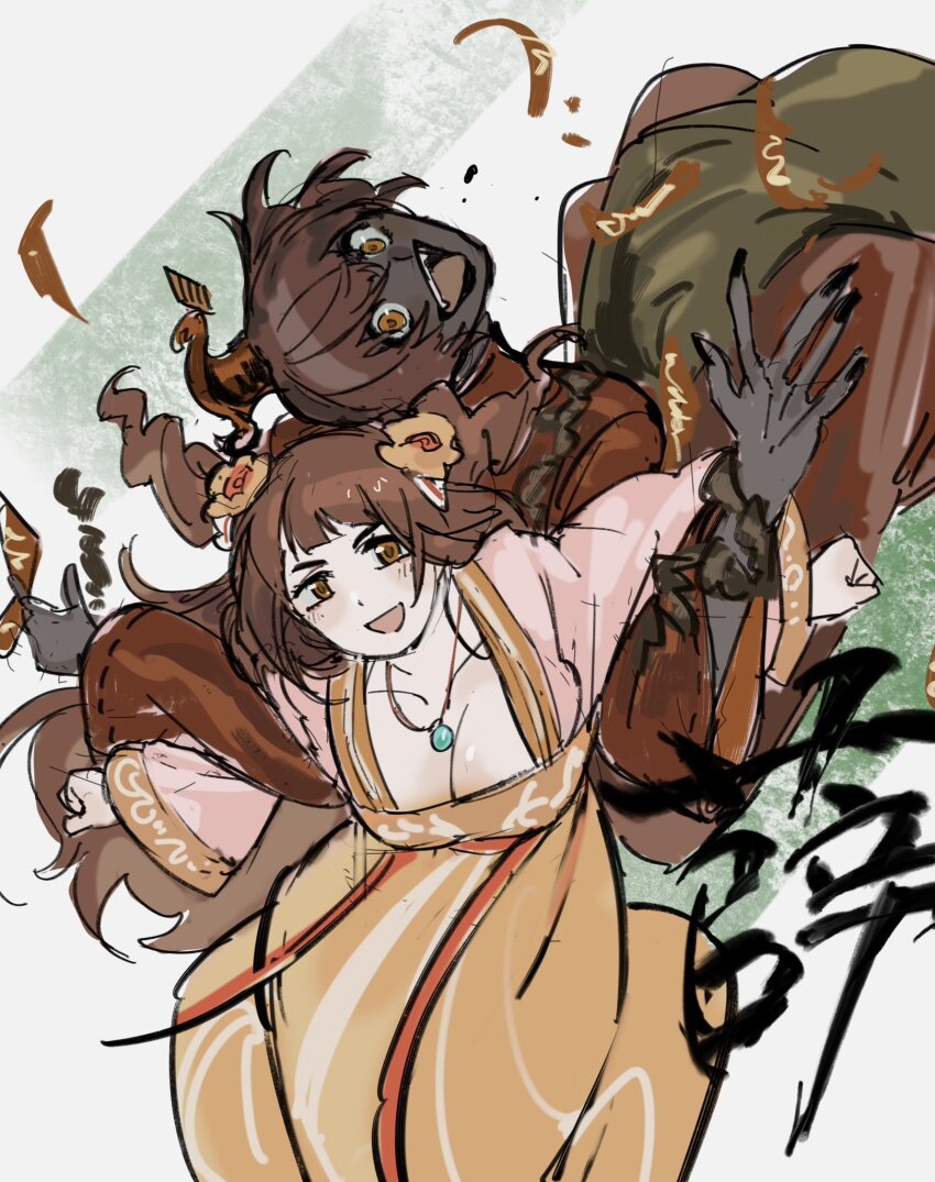 1boy, 1girl, bow, braid, breasts, brother_and_sister, brown_hair, chinese_clothes