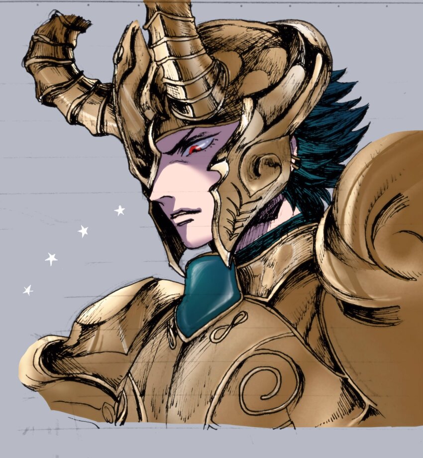 1boy, armor, azuma_xoxo_9, capricorn_shura, cropped_shoulders, fake_horns, frown, gem