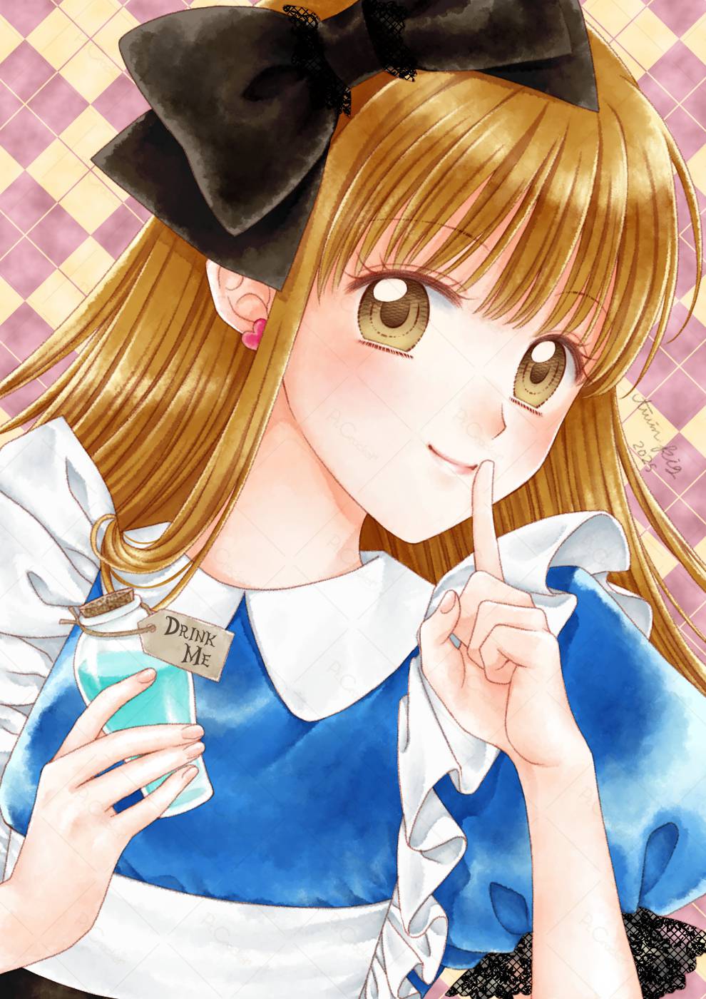 1girl, alice's_adventures_in_wonderland, argyle_background, blue_dress, blush, bottle, bow, brown_eyes