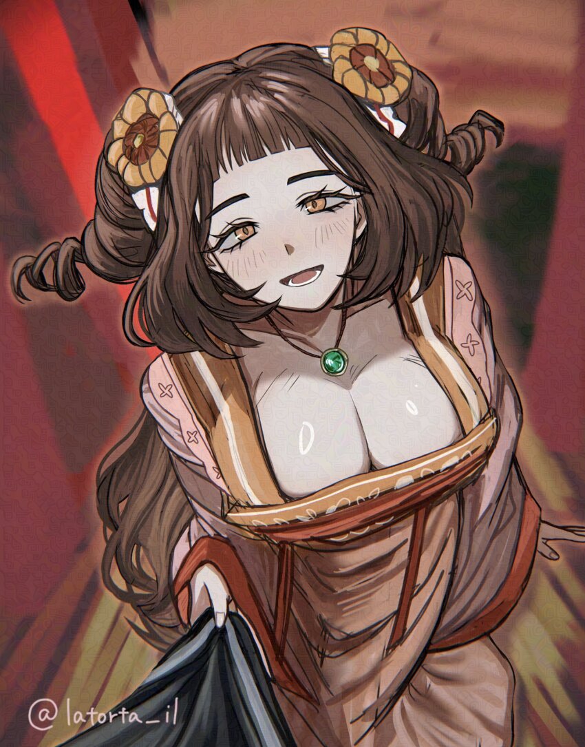 1girl, :d, blush, bow, breasts, brown_hair, chinese_clothes, cleavage