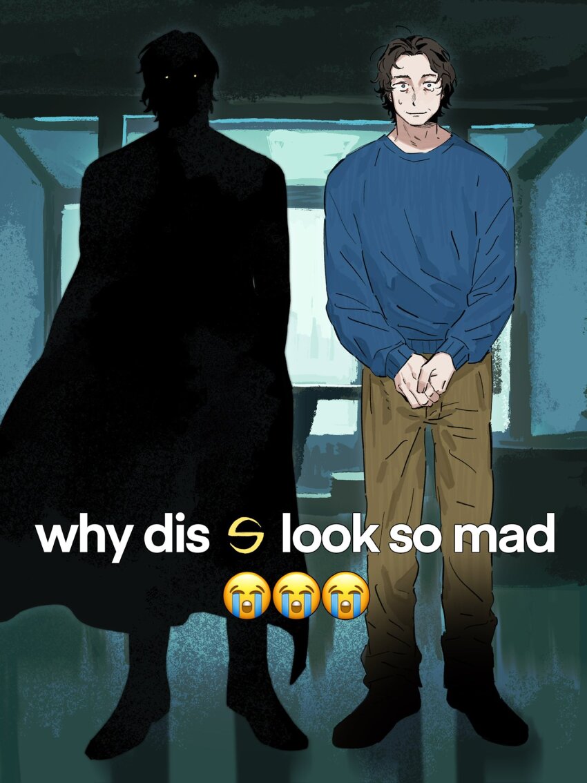 2boys, artist_name, ashui_ashui, blue_eyes, blue_shirt, brown_hair, brown_pants, cape, closed_mouth, crying_emoji, dual_persona, emoji, english_text, fingernails, floor, full_body, highres, indoors, long_sleeves, looking_at_viewer, male_focus, marvel, meme, multiple_boys, own_hands_together, pants, puffy_long_sleeves, puffy_sleeves, scared, sentry_(marvel), shadow, shirt, short_hair, smile, standing, sweatdrop, tearing_up, thunderbolts_(movie), white_eyes, why_dis_ninja_look_so_mad_(meme), window