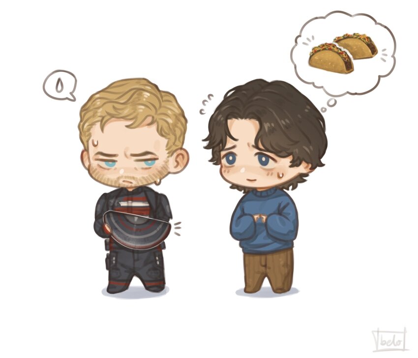 2boys, animification, artist_name, beard, belobutcooler, black_bodysuit, blonde_hair, blue_eyes, blue_shirt, blush, bodysuit, brown_hair, brown_pants, chibi, chibi_only, closed_mouth, facial_hair, fingerless_gloves, flying_sweatdrops, full_body, gloves, half-closed_eyes, highres, holding, holding_shield, index_fingers_together, john_walker_(marvel), long_sleeves, looking_at_another, male_focus, marvel, multiple_boys, notice_lines, pants, puffy_long_sleeves, puffy_sleeves, red_gloves, sentry_(marvel), shadow, shield, shirt, short_hair, simple_background, smile, speech_bubble, spoken_sweatdrop, standing, striped_bodysuit, superhero_costume, sweatdrop, taco, thought_bubble, thunderbolts_(movie), white_background