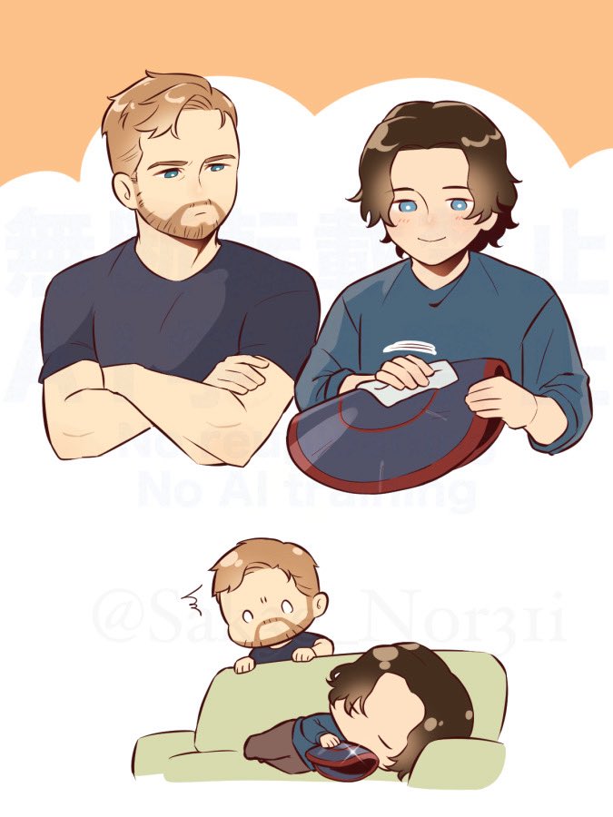 2boys, ^^^, animification, artist_name, beard, black_shirt, blonde_hair, blue_eyes, blue_shirt, blush, brown_hair, brown_pants, closed_eyes, closed_mouth, commentary_request, couch, crossed_arms, facial_hair, holding, holding_shield, john_walker_(marvel), long_sleeves, looking_at_another, looking_at_object, lying, male_focus, marvel, multiple_boys, multiple_views, no_mouth, on_couch, on_side, pants, puffy_long_sleeves, puffy_sleeves, sak3e_nor31i, sentry_(marvel), shield, shirt, short_hair, short_sleeves, simple_background, sleeping, smile, t-shirt, thunderbolts_(movie), watermark, white_background