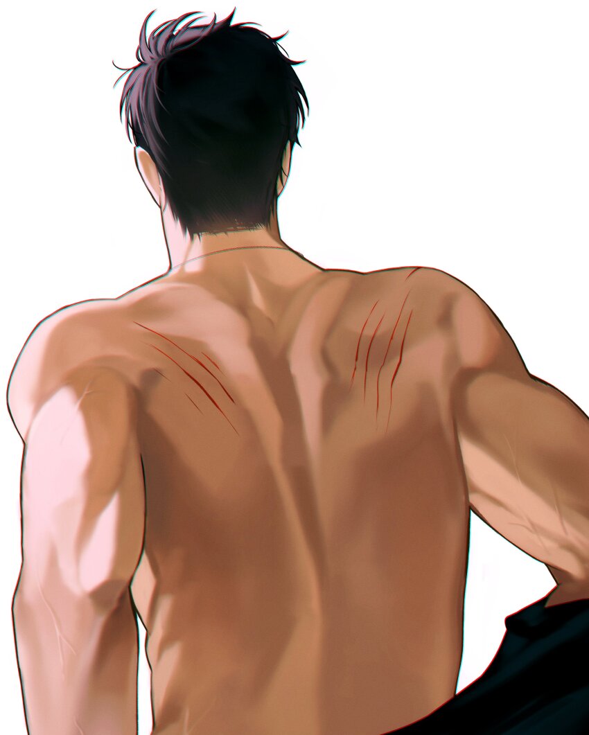 1boy, absurdres, back, back_focus, black_hair, caleb_(love_and_deepspace), dog_tags, from_behind