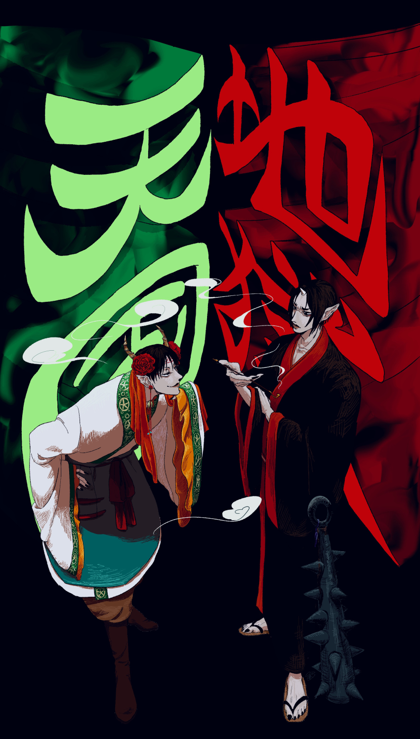 2boys, absurdres, black_hair, black_kimono, chinese_clothes, fuyuichigo_4602, hakutaku_(hoozuki_no_reitetsu), highres