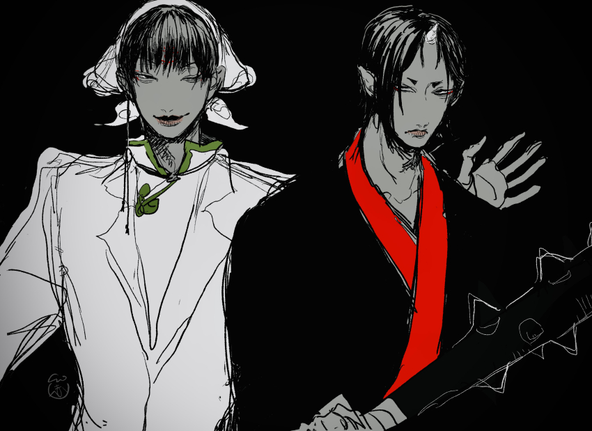 2boys, black_hair, black_kimono, chinese_clothes, fuyuichigo_4602, hakutaku_(hoozuki_no_reitetsu), highres, hoozuki_(hoozuki_no_reitetsu)