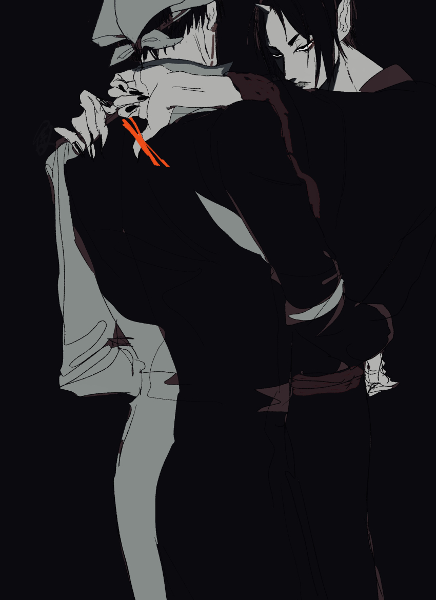 2boys, absurdres, black_hair, black_kimono, chinese_clothes, fuyuichigo_4602, hakutaku_(hoozuki_no_reitetsu), highres