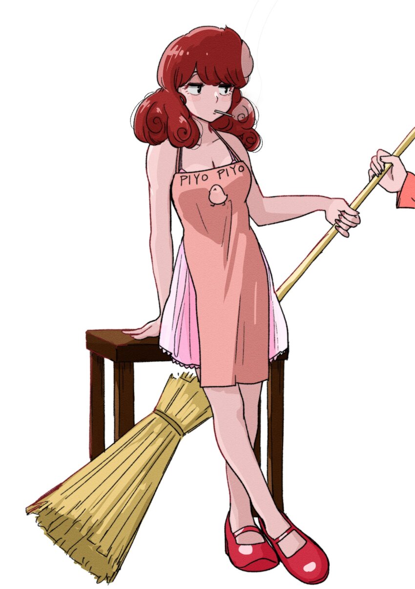 apron, broom, brown_eyes, chick_print, cigarette, dress, high_heels, highres