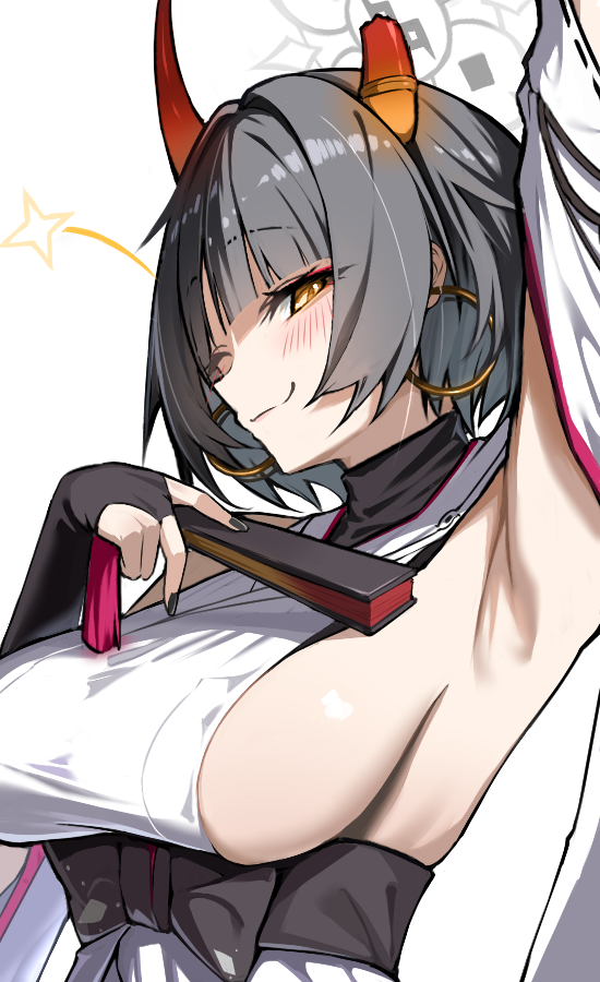 1girl, armpit_focus, armpits, black_hair, black_nails, blue_archive, breasts, broken_horn