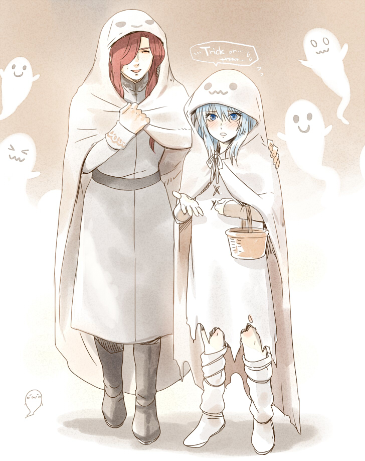 2boys, aged_down, alternate_costume, basket, blue_eyes, blue_hair, cloak, full_body, ghost, ghost_costume, hair_over_one_eye, halloween_costume, hand_up, holding, holding_basket, hood, hood_up, hooded_cloak, long_hair, long_sleeves, looking_at_viewer, mizuhara_aki, mole, mole_under_eye, multiple_boys, open_mouth, parted_lips, pisces_albafica, pisces_lugonis, red_hair, robe, saint_seiya, saint_seiya:_the_lost_canvas, shy, smile, speech_bubble, standing, torn_cloak, torn_clothes, trap, trick_or_treat, white_cloak, white_robe