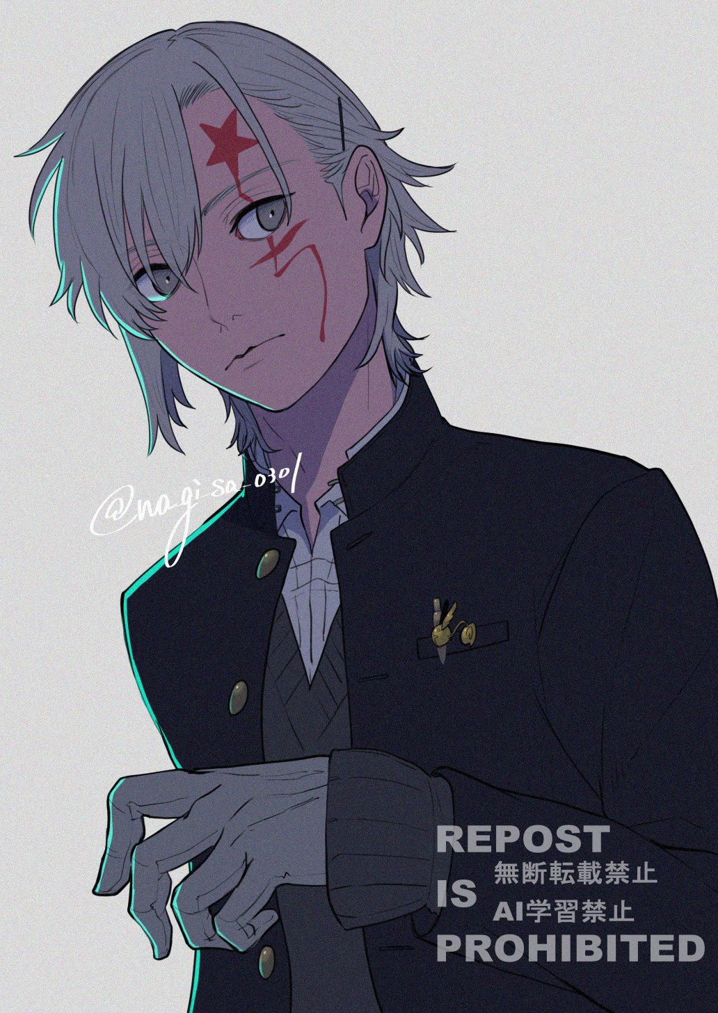 1boy, allen_walker, asymmetrical_hair, black_jacket, collared_jacket, collared_shirt, d.gray-man, facial_mark, gakuran, gloves, grey_background, grey_eyes, grey_sweater, hair_between_eyes, highres, jacket, looking_to_the_side, male_focus, na_gi_sa_0301, scar, scar_across_eye, scar_on_face, school_uniform, shirt, short_hair, signature, simple_background, single_sidelock, solo, star_(symbol), star_facial_mark, sweater, twitter_username, white_gloves, white_hair, white_shirt