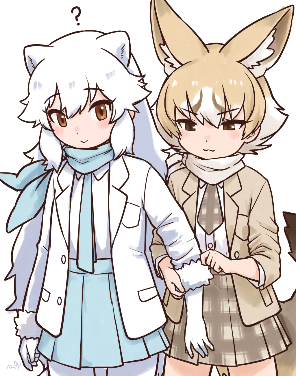 2girls, :>, :3, ?, alternate_costume, animal_ears, arctic_fox_(kemono_friends), blonde_hair
