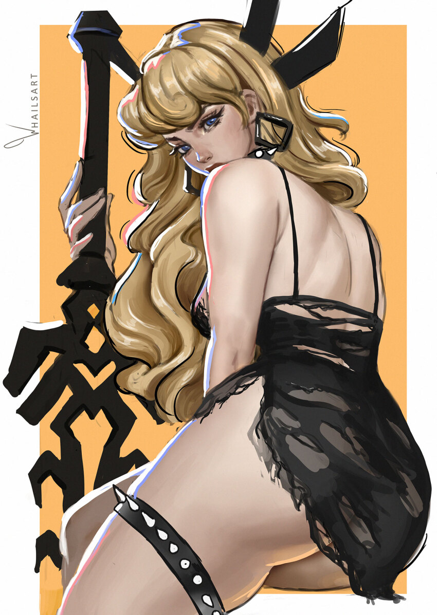 1girl, ass, back, blonde_hair, blue_eyes, breasts, cleavage_cutout, clothing_cutout