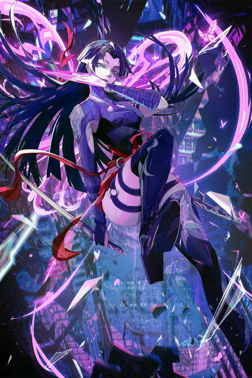 1girl, black_hair, breasts, earrings, elbow_gloves, gloves, highleg, highleg_leotard, highres, holding, holding_sword, holding_weapon, jewelry, large_breasts, leotard, long_hair, looking_at_viewer, marvel, marvel_rivals, psylocke, psylocke_(vengeance), purple_eyes, purple_leotard, sash, solo, superhero_costume, sword, tamago_nashi, thighhighs, weapon, x-men