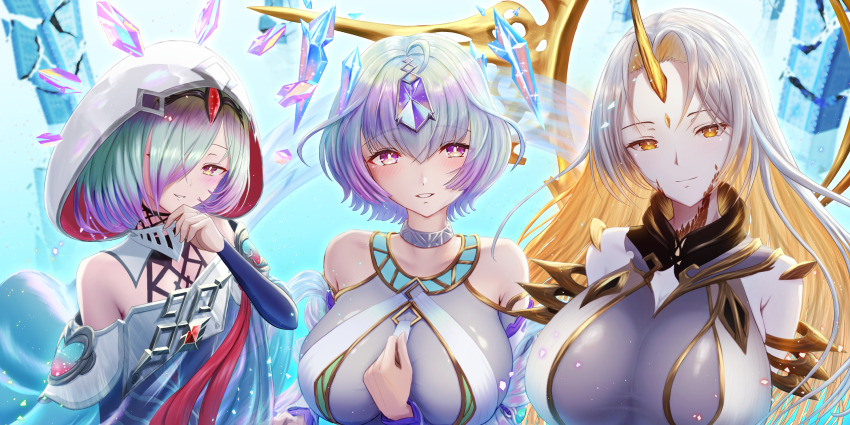 3girls, arms_behind_back, bare_shoulders, blonde_hair, blush, breasts, closed_mouth, colored_inner_hair